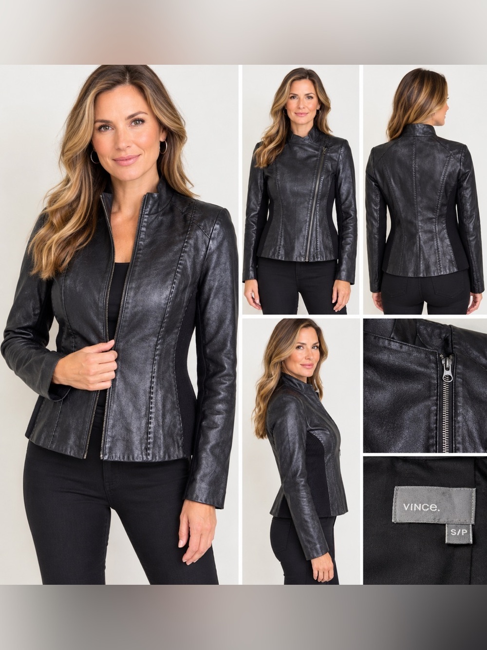 Vince. Genuine Leather Moto Jacket Black Women’s Size Small S/P Ribbed Panels